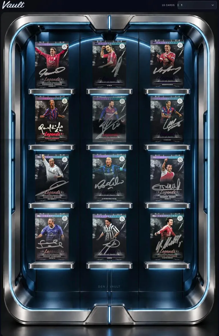光の棚にスポーツカードを飾ったDENのVAULT実画面