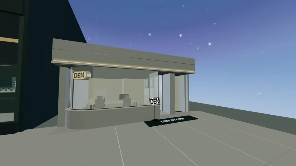 3D空間のDEN STORE（小さな店舗の外観）