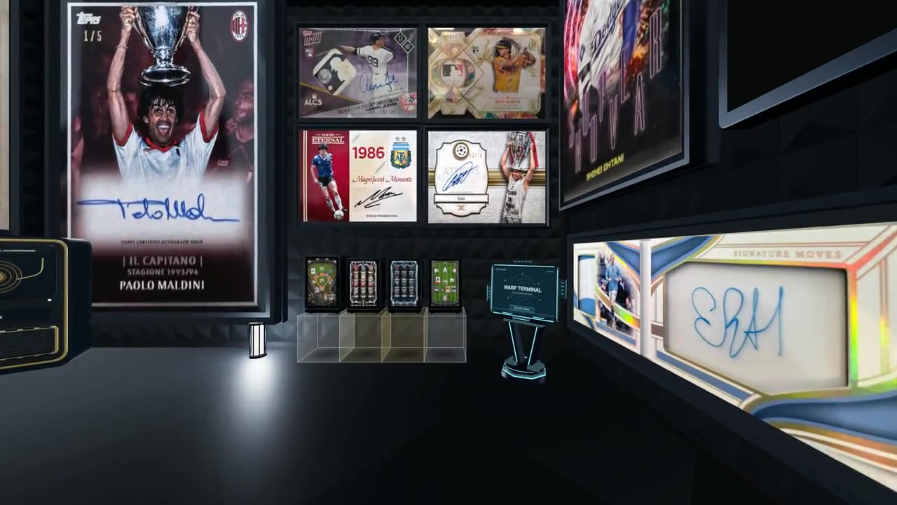 DEN VIRTUAL HUBの部屋の中。壁に飾られたカードを見渡す3D画面