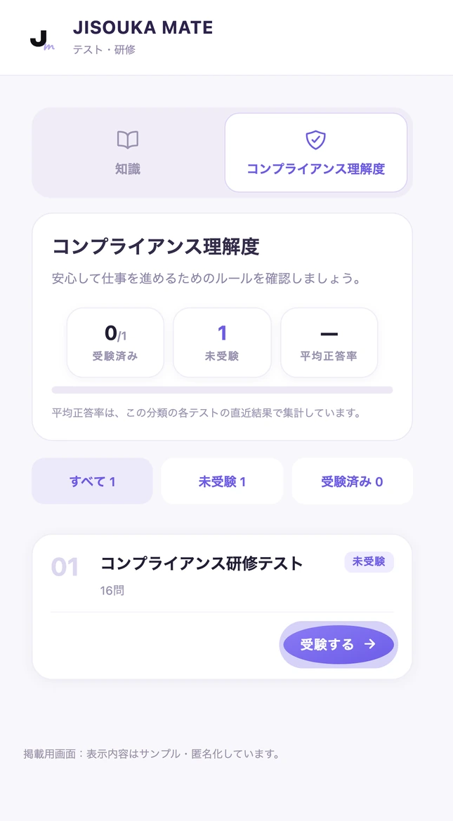 知識とコンプライアンス理解度を切り替え、研修テストや受験状況を確認できる掲載用画面。