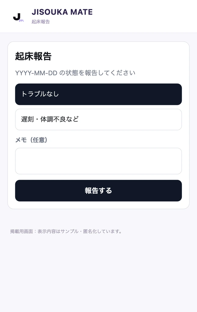 起床報告の掲載用画面。トラブルの有無とメモを報告できる。